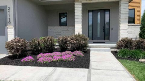 Front Of Home With Flowers And Plants In Fresh Mulch